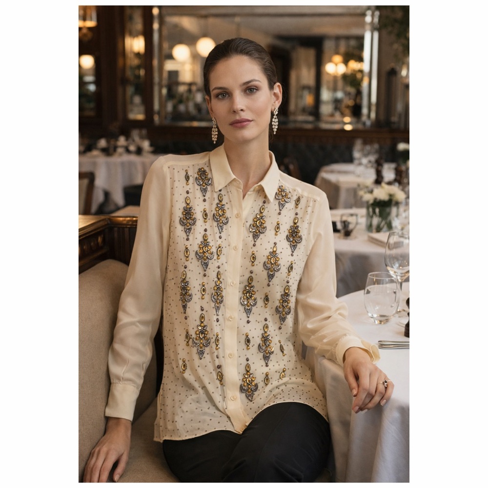 Dries Van Noten Tan Blouse Silk Beaded Embellished 10 Cocktail Party Fancy 🟡 - Picture 2 of 16